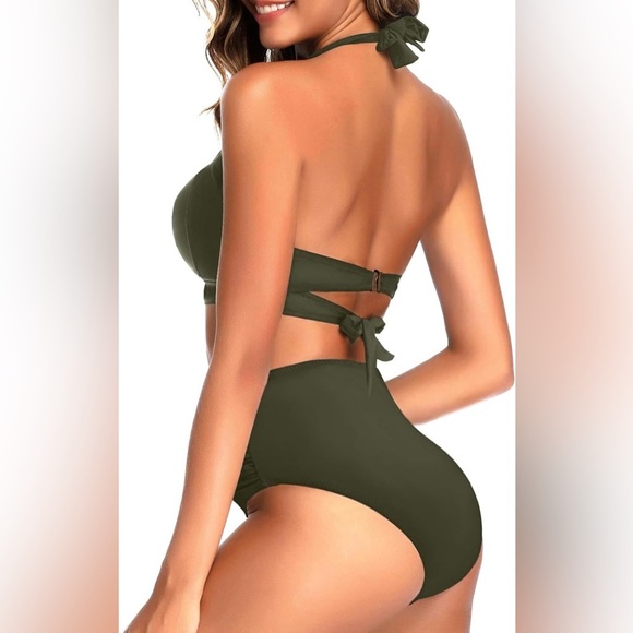 Tempt Me 2-pc retro style high waist ruched swimsuit bikini size Medium green - Picture 2 of 6